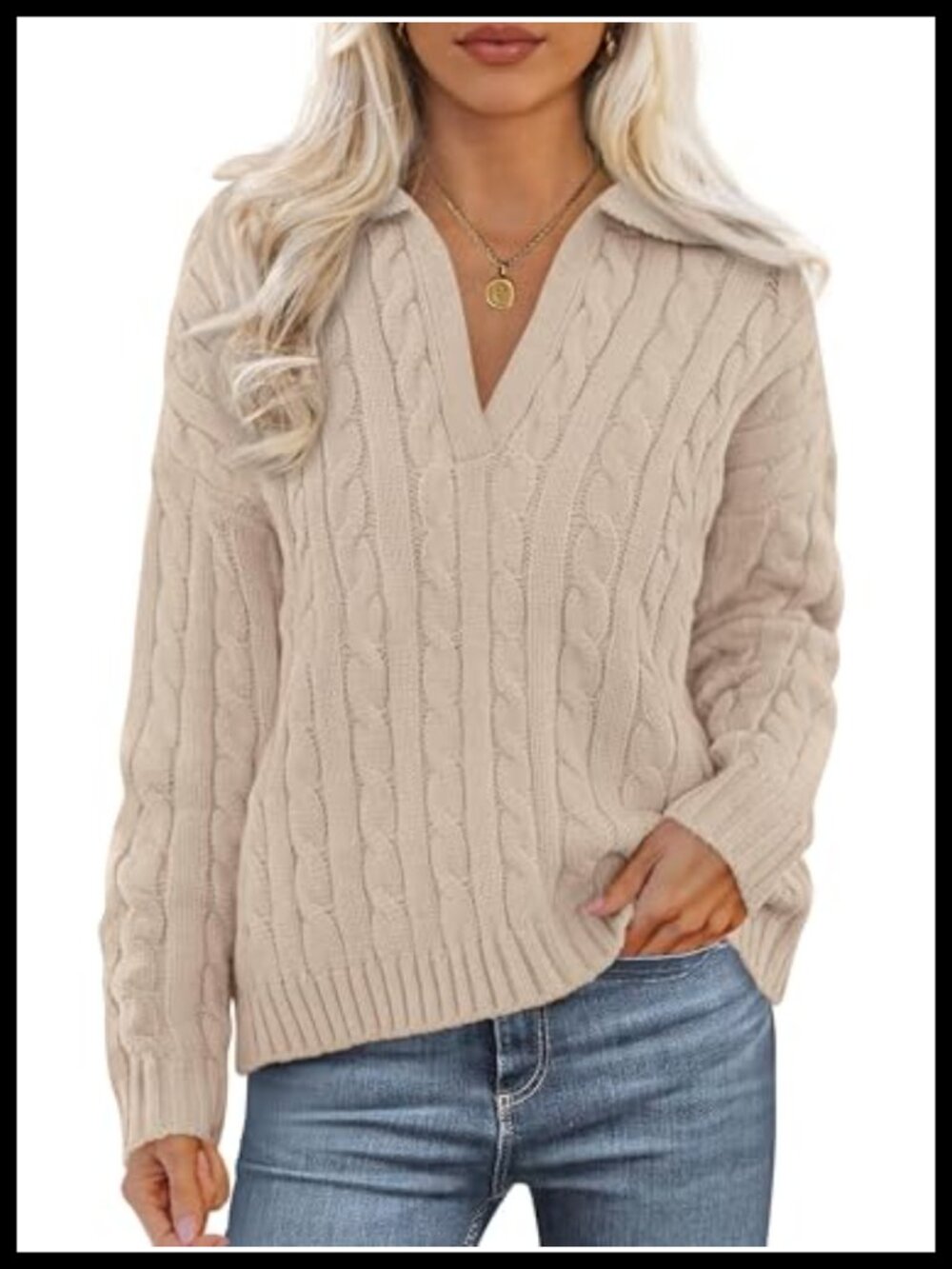 V Neck Cable Knit Oversized Sweater Loose Fit Long Sleeve Pullover